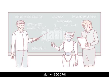 Moderner Roboter und Lehrer studieren an der Tafel im Klassenzimmer der Universität. Künstliche Intelligenz und Innovationskonzept. Digital Science Teaching bot. Technologiekonzept. Vektorgrafik. Stock Vektor
