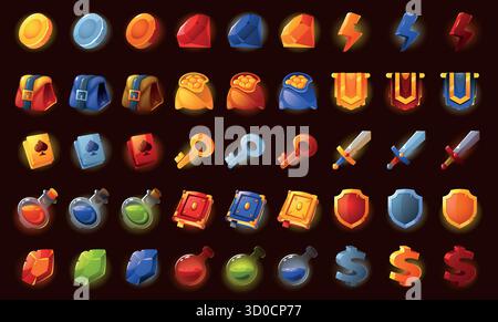 Spiel-UI-Symbol. Zeichentrickfilm Fantasy Sprite Grafik Asset, magische Energie Gesundheit Energie Energie Energie Energie und Geld Ressourcen Symbole für Videospiele. Vektor-isolierter Satz. Stock Vektor