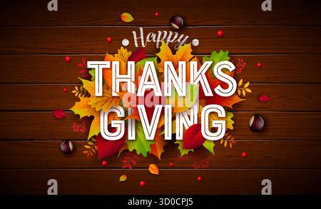 Glückliche Thanksgiving-Grußkarte Illustration mit fallenden Blättern und Typografie-Beschriftung auf Vintage-Holz-Hintergrund. Vintage-Vektor-Design Im Herbst Stock Vektor