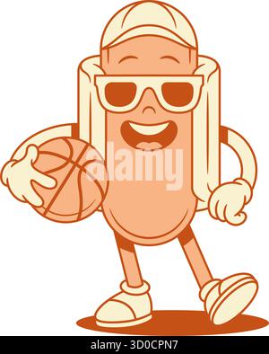 Coole Teenager Hot Dog Zeichentrickfigur mit Basketballkonturierter Vektor flache Illustration. Lächelndes Fast Food mit Wurst- und Brotmaskottchen in ca. Stock Vektor