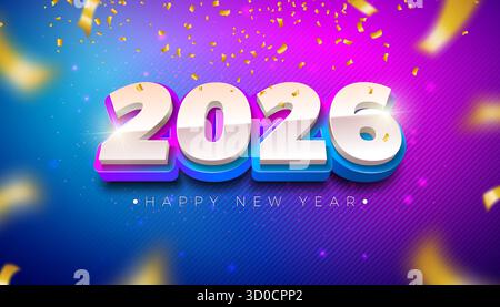 2026 Happy New Year Grußkarte Design mit 3D bunter Typografie Zahl und fallendem Konfetti auf blauem Hintergrund. Illustration Zu Weihnachtsfeiertagen Stock Vektor