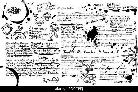 Schreiben Sie handschriftlich ein Scribble-Tagebuch mit Textnotizen, Pilzkritzeln, Tintenspritzern und durchgestrichenen Einträgen für das Design von Terminkalendern oder Planern. Unordentliches handschriftliches Denken mit botanischer Skizze. Persönliches Notebook Stock Vektor