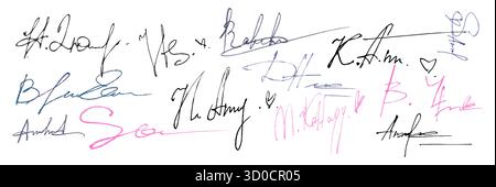 Sammlung von handgezeichneten, gefälschten Signaturmustern mit farbenfroher Tinte für das Design von Dokumenten. Blaue, rosa und schwarze Schriftzeichen und kursive Namen. Beispiele für dekorative Handwerkskunst für Business-Branding. Stock Vektor