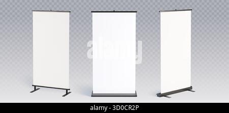 Leere Mockup Roll-Up-Banner-Displays mit verschiedenen Ständen für Marketing und Konferenzen – weiße, einziehbare Bildschirme auf transparentem Hintergrund. Professionelle Vorlagen für Ausstellungsbeschriftungen für Werbeaktionen. Stock Vektor