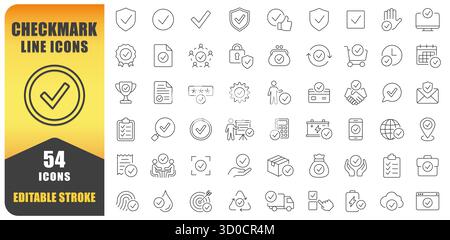 Häkchen Sie Zeilensymbol Vektorsatz. Eine Sammlung von 54 bearbeitbaren Häkchen für dünne Linien, die Genehmigung, Erfolg, Überprüfung und Aufgaben darstellen. Stock Vektor