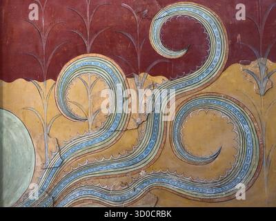 Detail der Malerei mit Wirbeln von Knossos, eine archäologische Stätte aus der Bronzezeit, die den Palast von Minos enthält, der 1900 v. Chr. erbaut wurde - Kreta, Greec Stockfoto