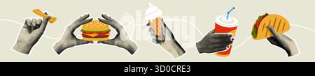 Handset, das Fast Food hält. Trendige Halbtoncollage mit realistisch körnigen Händen, die Burger, Eis, Limonade, Taco und Pommes enthalten. Vektor Stock Vektor