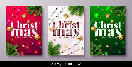 Clipart-Set für frohe Weihnachten und Happy New Year-Grußkarten mit Tannenzweig, hellem Girlande und Typografie-Schriftzug auf Rot, weiß und Grün Stock Vektor