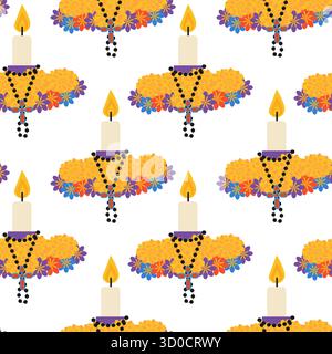 Marigold Altar Kerzen Flamme und Perlen mit nahtlosem Kreuzmuster mexikanische Feiertage im festlichen Hintergrund. Isolierte Vektor-Illustration mexikanische Thematische Hintergrund Party Einladung oder Banner, Flugblätter, Etiketten Stock Vektor
