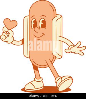Niedlicher verliebter Hot Dog Zeichentrickfigur mit Herz konturierter Vektor flache Illustration. Lächelndes, positives Fast Food mit Wurstbrot, Maskottchen wie Liebe Stock Vektor