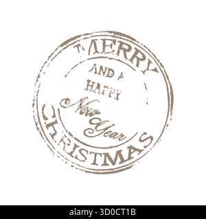Vintage-Briefmarke Frohe Weihnachten und Happy New Year, alte getragene Briefmarke auf Briefumschlag, gedruckte runde Briefmarke auf weißem Hintergrund. Vektorabbildung Stock Vektor