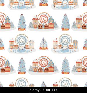 Nahtloses Muster mit einem Winterspazierpark auf hellem Hintergrund. Weihnachtsmarkt, Weihnachtsbaum mit Geschenken, Winterstadt. Riesenrad, Weihnachtsmarkt Stände, Häuser, Eislaufbahn, Neujahrsmenschen. Winterliche Stadtszene in flachem Stil. Vektor-Hintergrund für Weihnachten. Stock Vektor