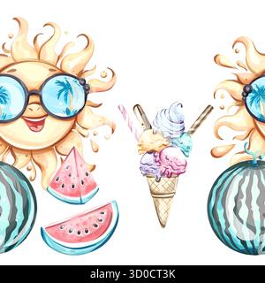 Hintergrundtapete mit nahtlosem Muster im Sommer mit Sonne, Wassermelone und Eis für festliche Anlässe und Entspannung am Strand Stock Vektor