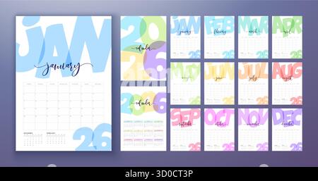 2026 Druckbare Monatskalender-Design-Vorlage mit farbenfroher Typografie-Nummer auf weißem Hintergrund für Neujahr. Horizontaler Gesamter Jahresplan Stock Vektor
