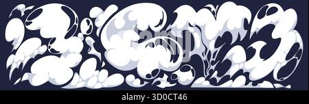 Weiße Comic Smoke Clouds Kollektion mit Cartoon Puffs und Dampfspuren auf dunklem Hintergrund. Blasenbildungen aus wirbelndem Dampf, Explosionsstößen und Windeffekten für eine grafische Novel-Illustration. Stock Vektor