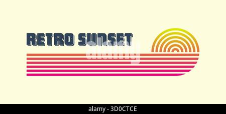 Farbenfroher Sonnenuntergang im Vintage-Stil. Verschiedene gestreifte Sonnenaufgangsabzeichen im Stil der 80er und 90er Jahre. Blick auf Sonne und Meer, Sommerstimmung, Surfen. Designelement für Stock Vektor
