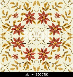 Blumenstrauß aus Herbstblumen und Blättern im ethnischen Stil. Symmetrisches braunes, rotes Grusskarten-Design mit volkstümlichem Blumenmuster. Große, wunderschöne Blumen. Handzeichnung Vect Stock Vektor