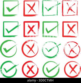Vektorsatz mit Häkchen und Kreuzpinseln – künstlerische Genehmigungs- und Fehlersymbole für UI-Design, Schulung und visuelles Feedback Stock Vektor