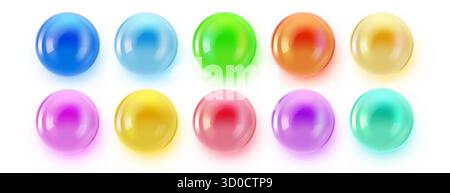 Leuchtende Hochglanzkugeln mit leuchtendem Effekt auf einem sauberen weißen Hintergrund, ideal für modernes abstraktes Design. Vektorabbildung. Stock Vektor