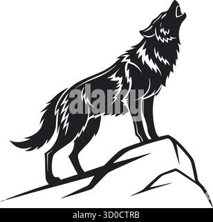 Heulling Wolf Silhouette Vektor – Wild Nature Icon on Rock für Outdoor Branding, Tribal Design und Wildnis Kunst Stock Vektor