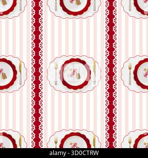 Nahtloses Weihnachtsmuster mit Tellern, serviert mit festlicher Dekoration. Niedliche Vektor-Illustration im strukturierten Stil Stock Vektor