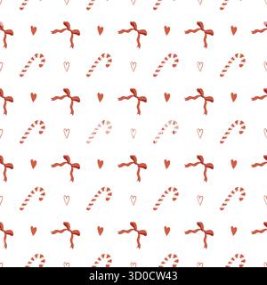 Nahtloses Weihnachtsmuster mit Bonbons und roten Schleifen. Hintergrund mit traditionellen Winterbonbons auf weißem Hintergrund. Lutscher, Karamell, Zuckerrohr und Herzen. Einfache Vektorabbildung. Stock Vektor