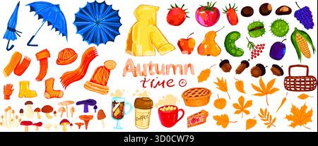 Vektor-Illustration der Herbstzeit mit Kleidung, Pilzen, Früchten, Blättern, Eicheln, warme Getränke und saisonale Elemente. Handgezeichneter gemütlicher Herbst Stock Vektor