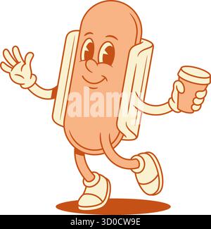 Lustiger Hot Dog Zeichentrickfigur mit Kaffeepapierbecher konturierte Vektor flache Illustration. Fröhlicher Comic, süßes Fast Food mit Wurst und Brot Maskottchen gre Stock Vektor