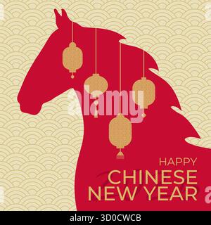 Festliche Grußkarte zum chinesischen Neujahr mit der Silhouette eines Pferdes mit einer Mähne, die mit Laternen verziert ist. 2026 ist das Jahr des Pferdes. Vektoril Stock Vektor