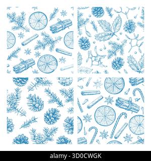 Große Auswahl an Weihnachts- und Neujahrselementen, Keksen, Süßigkeiten, Kiefernzweigen und Gewürzen. Handgezeichnete Illustration im alten Vintage-Stil. Stock Vektor