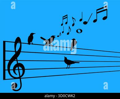 Vögel versammeln sich um einen talentierten Singvogel, der singt, während sie alle auf einem musikalischen Stab sitzen. Stock Vektor