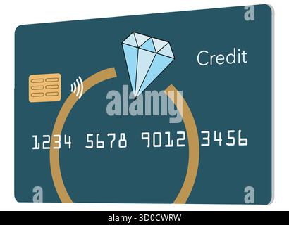 Eine Kreditkarte zeigt einen diamon-Engagement-Ring im Kartendesign in dieser Abbildung über Hochzeitskosten, die Kreditkarten belastet werden. Stock Vektor