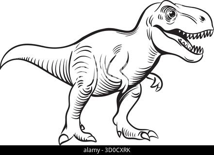 Schwarz-weiße Strichgrafik-Illustration des Tyrannosaurus Rex Dinosauriers mit offenem Mund und scharfen Zähnen, prähistorische Raubtierzeichnung für Malbuch. Stock Vektor