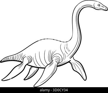 Plesiosaurus, lineare Illustration. Marines prähistorisches Reptil mit langem Hals und vier Flossen, schwarz-weiß umrandet, isoliert auf weiß. Stock Vektor