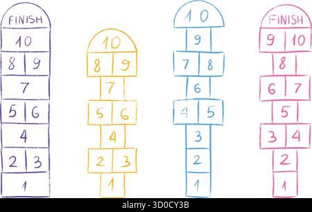 Handgezeichnete Kreide-Hopscotch-Spielgitter mit nummerierten Quadraten und Finish-Etiketten. Stock Vektor