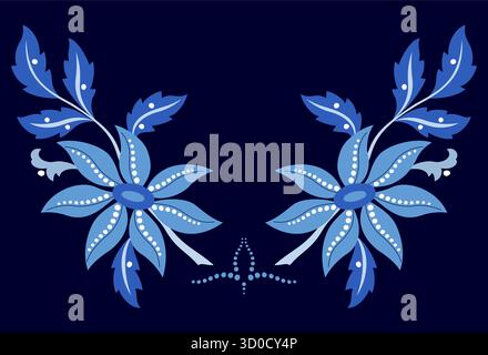 Grafisches Design blauer Blumen auf dunkelblauem Hintergrund. Wintergrußkarte. Blumenstrauß aus Wildblumen im ethnischen Stil. Blumenstickerei im Volksmund Stock Vektor