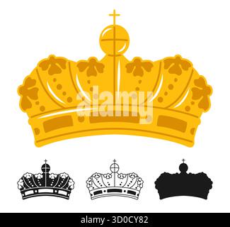 Goldenes Set mit Kronsymbol. Prunkvolle Kollektion mit luxuriöser Eleganz und Kronenkrone. Heraldik vielfältig für König oder Königin Kronen Designs Elemente Kunst Vektor Illustration isoliert, symbolisiert Macht, Autorität Stock Vektor