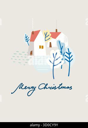 Frohe Weihnachtsgrußkarte. Minimalistisches Design mit Landhaus, stilisierten Bäumen, Schnee Stock Vektor