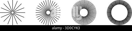 Gerade radiale Linien in kreisförmigen Formen. Set von Sonnenstrahlen-Symbolen. Sonnenschilder. Symbole für Strahlkraft, Spin, Explosion oder Feuerwerk auf weißem Hintergrund. Vektorgrafik. Stock Vektor