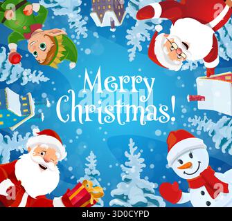 Fröhliche Weihnachtsfiguren Santa Claus, Elf und Schneemann auf blauer Weihnachtsgrüßkarte. Vektor-Weihnachtsbanner mit Text Frohe Weihnachten, mit Geschenkbox mit gelbem Band und Stadt im Schnee Stock Vektor