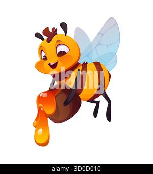 Cartoon nette Honigbiene Charakter mit Honigglas, Vektor Honigbiene Personage. Lustige, fröhliche Biene für Kinder mit fröhlichem Gesicht und Lächeln, die ein Honigglas mit tropfendem Honig aus dem Bienenstock hält Stock Vektor