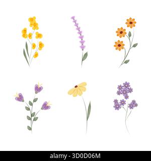 Sammlung von sechs Blumenmotiven im Aquarellstil, jedes mit einer anderen bunten Blume und grünen Blättern. Perfekt für Design und Dekoration. Stock Vektor