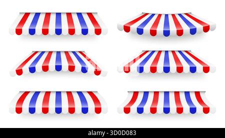 Sonnenschirm anzeigen. Realistisch gestreifte Café-Markise. Marktzelt im Freien. Dachdach in französischen Flaggenfarben. Sommerladen. Vektorabbildung. Stock Vektor