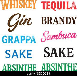 Inschriften mit den Namen alkoholischer Getränke auf weißem Hintergrund. Verschiedene Schriftarten und Farben, ein typografisches Poster. Stock Vektor