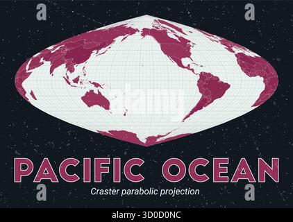 Pazifik. Weltkarte. Craster-Parabolprojektion im Pazifik. Palette Pale Mint Dark Pink. Vintage-Textur. Stock Vektor