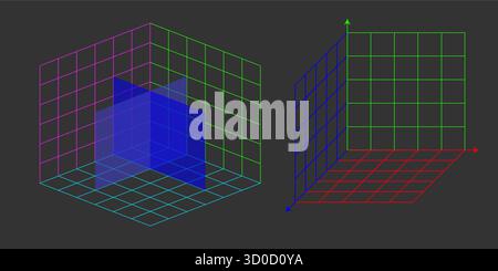 Dreidimensionales kartesisches Rasterlayout. 3D-Vektorkoordinatensystem mit X Y Z-Achsen und perspektivischen Linien. Abstrakte Geometriedarstellung Stock Vektor