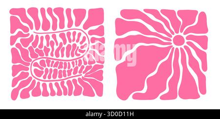 Abstrakter Retro-Sonnenhintergrund mit welligen Sonnenstrahlen, kreisförmiger Geometrie und funkigem Design der 70er Jahre. Gelbe und orangene Farbverläufe, grooviges Sonnenlicht Stock Vektor