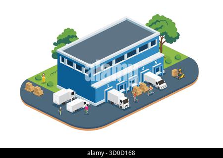 Isometrisches modernes Logistikzentrum. Lagereinrichtungen mit Laderampen, Lkw, Paletten und Kisten, die auf weiß isoliert sind. Stock Vektor