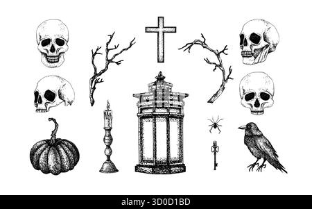Halloween Set Kürbis, Schädel, Krähe, Vintage Laterne und Kandelaber, Kreuz, Spinne und trockene Zweige. Grafische Abbildung ohne weißen Hintergrund Stock Vektor