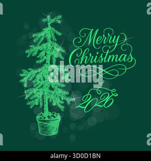 Modernes Weihnachtskartendesign für 2026 mit Baum. Handgezeichnet. Nicht AI, Vektordarstellung. Stock Vektor
